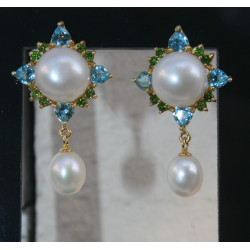 boucles d'oreilles perles de culture, topazes et diopsides