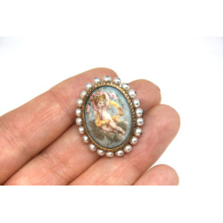 broche ancienne miniature peinte et perles